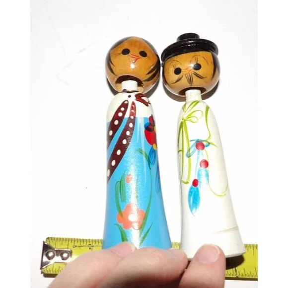 Korean Wooden Kokeshi Dolls Wedding Bride Groom Bobble Head Vintage Blue White - Picture 7 of 8